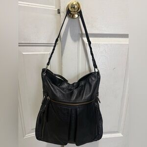 The Sak Black Leather Crochet strap Shoulder Bag